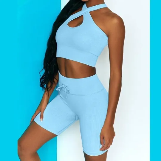Купити Комплект для фитнеса топ и велосипедки Рубчик 9632 M голубой