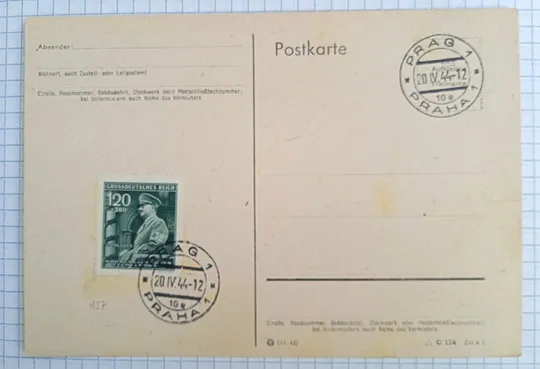 Картка з маркою Гітлер 55 років  спецпогашення 20.IV.1944 Dc025 Ціна