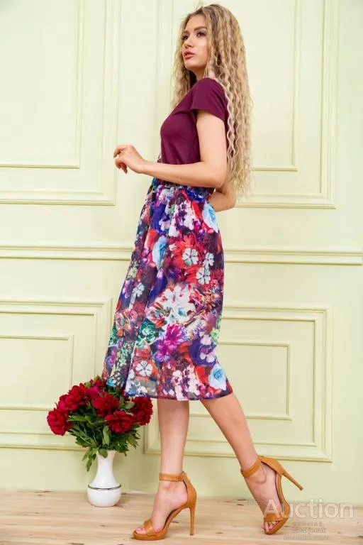 Купити Летнее платье миди, бордового цвета в принт, 119R0419