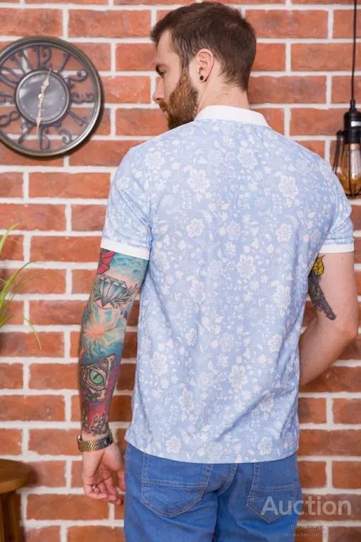 Мужское поло, в цветочный принт, голубого цвета, 194R2120 Де купити