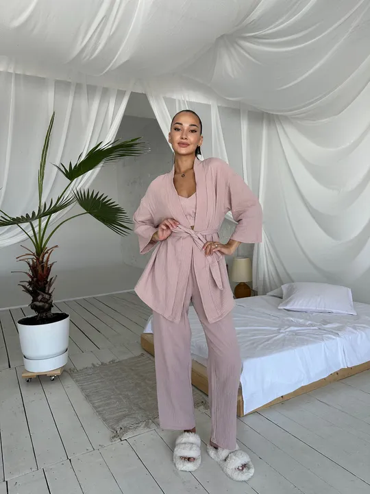 Комплект для дому і сну трійка з мусліну, халат кімоно, топ і штани бежевий Інтернет-аукціон