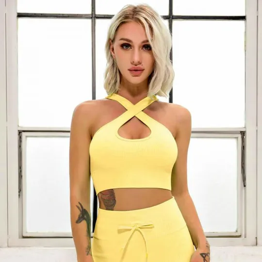 Комплект для фитнеса топ и велосипедки Рубчик 9628 M желтый З аукціону