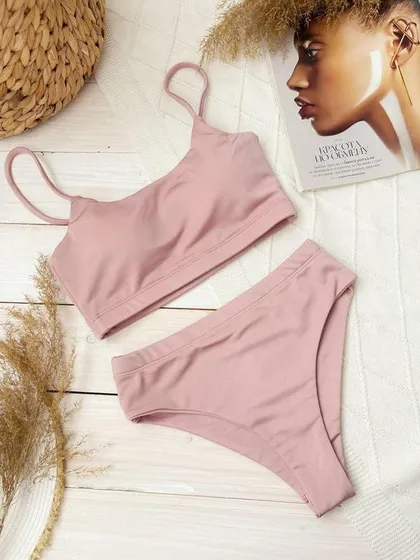 фото, Купальник спортивний топ і високі плавки бразиліана біфлекс (знімні чашки) Christel 02 темний пудровий S