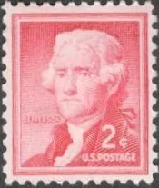 США (USA) 1952 г.   2 цента.  ТОМАС ДЖЕФФЕРСОН.  3 ПРЕЗИДЕНТ США. ( 1801-1809 ). МАРКЕ 72 ГОДА. РЕДКАЯ С КЛЕЕМ.  СОСТОЯНИЕ ИДЕАЛЬНОЕ. Ціна