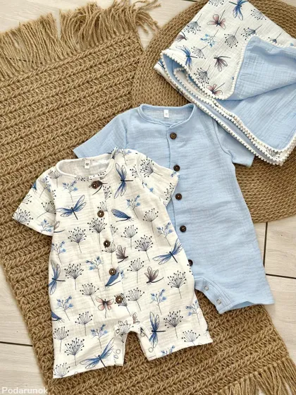 фото, Набір для хлопчиків 2 ромпери та плед з мусліну Жваві бабки білий/блакитний