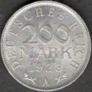 ХАЛЯВА !!! Треий рейх 200 марок "А" 1923 г.  31 янв. 1922 г. приход к власти Гитлера. Первая монета. Ціна