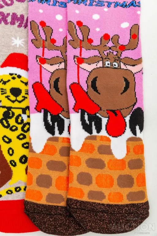 Комплект женских носков новогодних 3  пары, цвет розовый, бежевый, темно-серый, 151R256 З аукціону