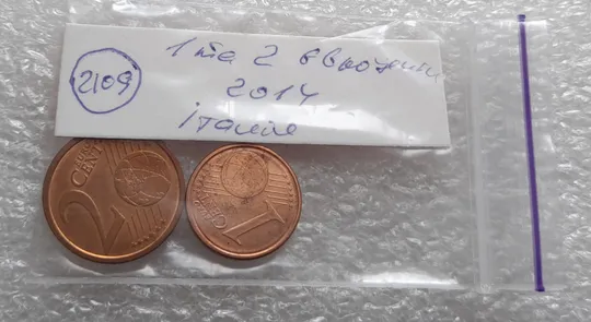 (2109) 1 євроцент 2014 та 2 євроценти 2014 Італія - 2 монети одним лотом (1 евроцент 2014, 2 евроцента 2014 Италия) Характеристики