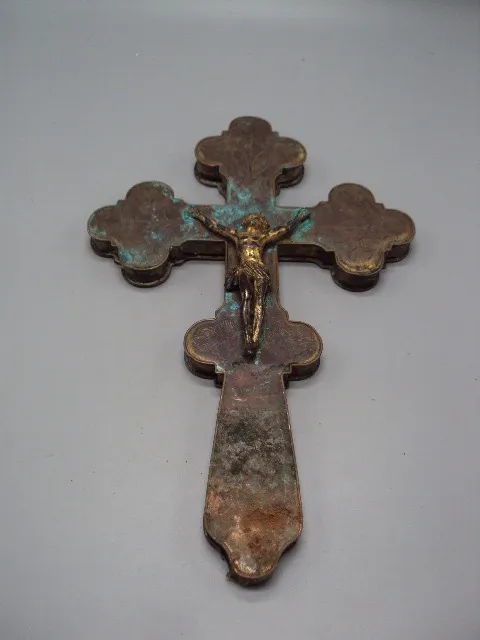 Антикварный напрестольный крест распятие разборный царский латунь позолота 33,5х21,4х1,9 см №16059 Ціна