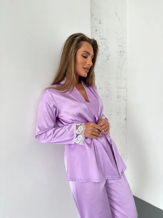 Комплект шовковий для дому четвірка халат, майка, шорти і штани Christel 134 лавандовий, розмір S Продаж