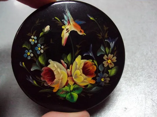 Шкатулка лаковая круглая птичка и цветы Мстера высота 1,7 см, диаметр 6 см №13160 З аукціону
