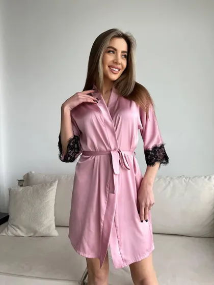 фото, Халат із шовку Армані з мереживом  Christel 084 сірий XS-L