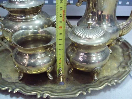 Купити Чайный кофейный сервиз набор чайник, заварник, сахарница, сливочник молочник и поднос латунь (№1829)