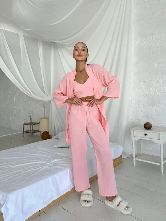 Комплект для дому і сну трійка з мусліну, халат кімоно, топ і штани персиковий Ціна