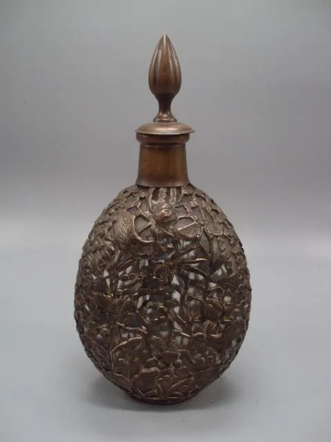 Штоф графин Китай 80-е года стекло, металл узор рыбы цветы рыбки высота с крышкой 28 см №13953 Ціна