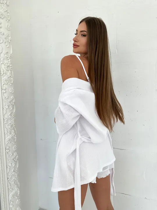 Комплект для дому і сну трійка з мусліну, халат кімоно, топ і шортики Christel 137 білий, розмір L Продаж