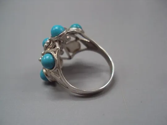 Женское кольцо цветок бирюза колечко цветочек серебро 875 проба ссср вес 5,58 г 19 размер №м14157 З аукціону