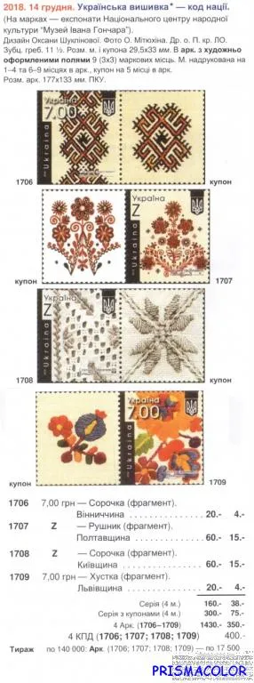 Купити ** УКРАИНА 2018 N1706-1709 марки Украинская вышиванка - код нации СЕРИЯ