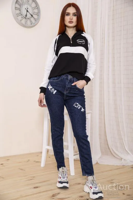 Купити Женские прямые джинсы, темно-синего цвета с принтом, 164R1024-5