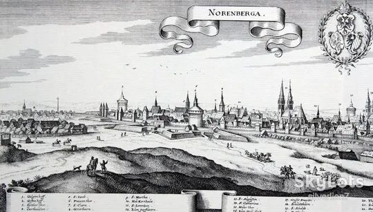 Старовинна гравюра на папері верже Вид на Нюрнберг, 1648, M. Merian Продаж