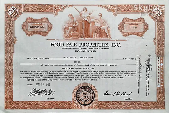 Акція Сертифікат на 3 Акції Food Fair Properties Inc. 1974 США Mt 08 Ціна