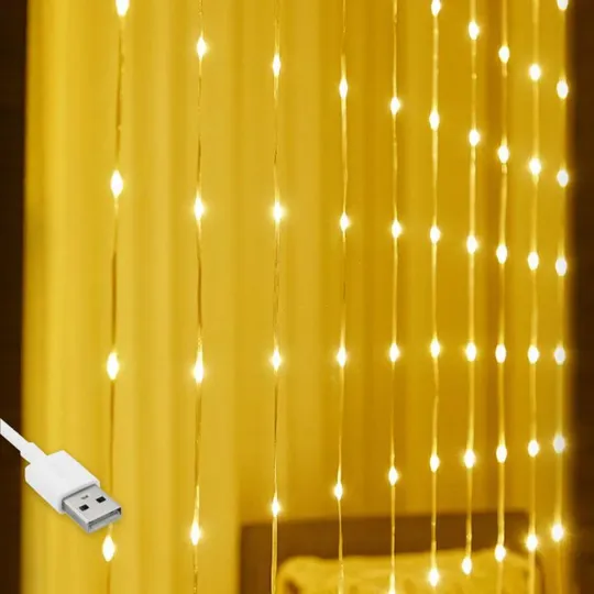 Гирлянда штора Водопад-роса, от USB, 2x2м, 8 нитей, 160 LED, 8 режимов Теплый белый Ціна