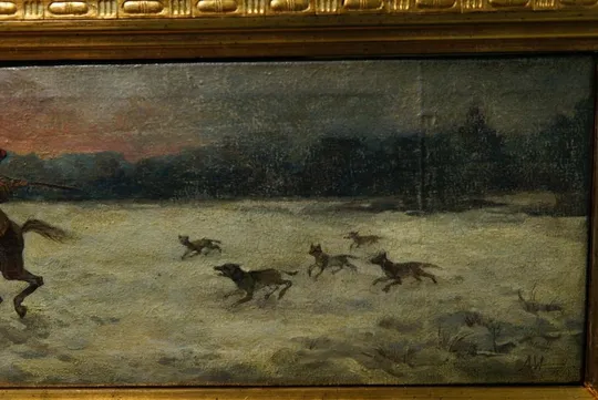 Картина в раме подписная старинная охота погоня всадник отбиваетя от стаи волков, холст масло №27 З аукціону