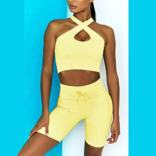 Купити Комплект для фитнеса топ и велосипедки Рубчик 9628 M желтый