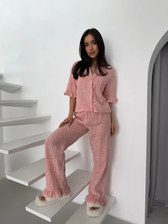 Піжама жіноча муслінова 100% бавовна принт леопардовий пудрова Торговий майданчик