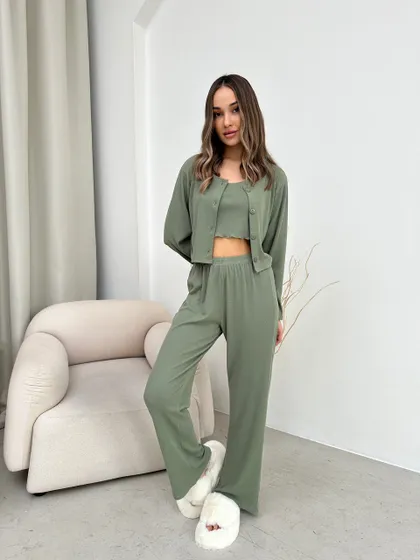 фото, Комплект домашній костюм трійка Christel 165 трикотаж рубчик бавовна 100% хакі розмір M/L