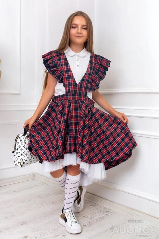 Сарафан для дівчинки колір темно синій червона клітинка 2012 Ціна