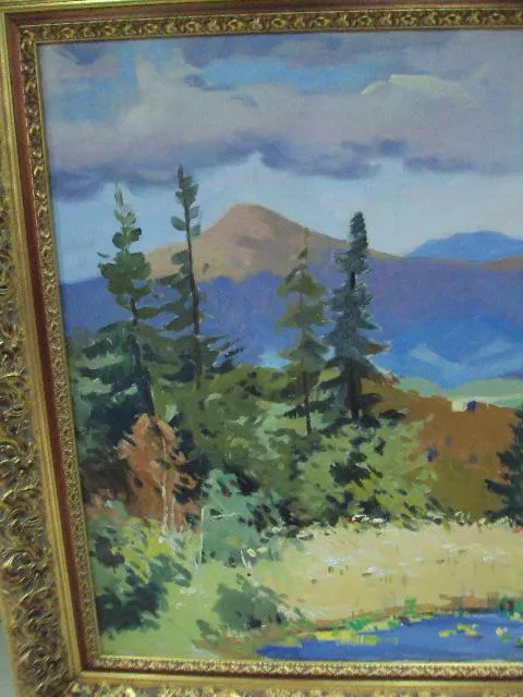 Картина горный пейзаж елки горы Якубек 1961 г. холст, масло в ажурной раме размер 118,7х158 см №185 З аукціону