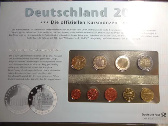 Комплект євромонет Німеччини 2010 G (повний комплект+ювілейна) UNC Ціна