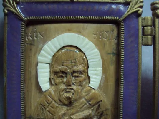 Икона двойная складень святой Николай и Георгий Победоносец кость бивень мамонта миниатюра №13389 Характеристики