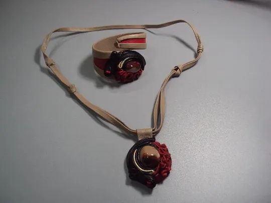 Бижутерия дизайнерский набор браслет и подвеска кулон цветок цветочек кожа и яшма №11252м Ціна