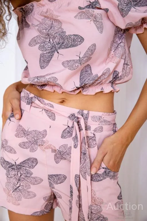 Летний женский костюм, розового цвета с принтом, 172R1283 Недорого