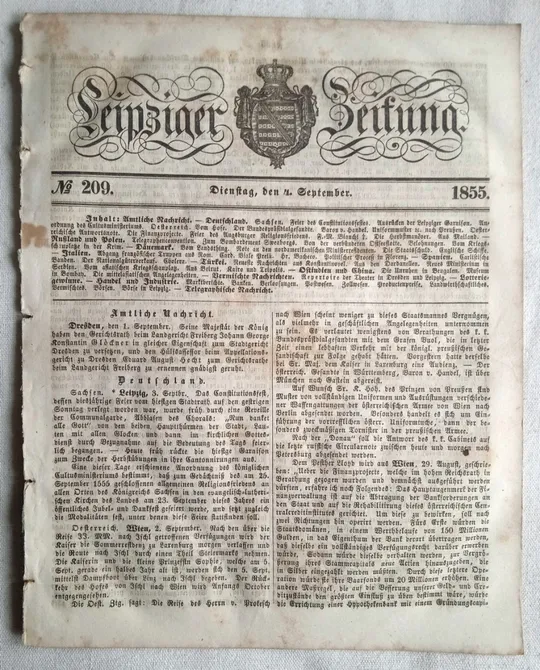 Газета Leipziger Zeitung №209 1855 р. Кримська війна, Німеччина Ціна