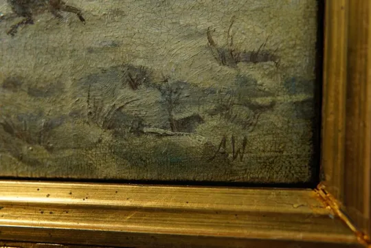 Картина в раме подписная старинная охота погоня всадник отбиваетя от стаи волков, холст масло №27 Характеристики