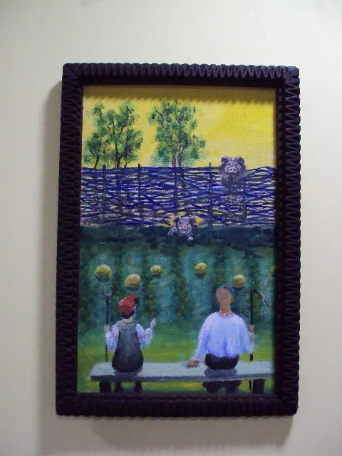 Картина сельский пейзаж жанровая сцена сельская жизнь пара и свиньи ДВП масло в резной раме №8 Ціна