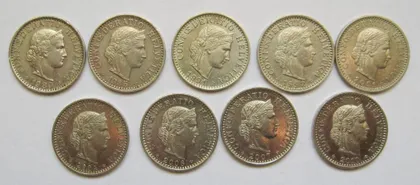фото, 20 рапенів = набір по роках = ШВЕЙЦАРІЯ = 9 монет = див. опис