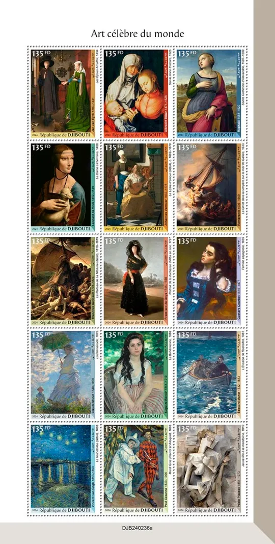 Джибути-Живопись-Картины знаменитых Художников-2024.Чистый полный красивый комплект-Лист 15 марок.MNH. Ціна