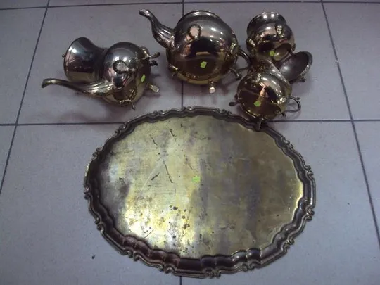 Чайный кофейный сервиз набор чайник, заварник, сахарница, сливочник молочник и поднос латунь (№1829) Інтернет-аукціон