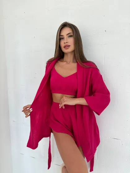 фото, Комплект для дому і сну трійка з мусліну, халат кімоно, топ і шортики малиновий