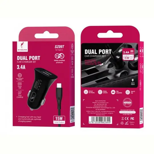 Купити Автомобильное зарядное устройство SkyDolphin SZ09T (2USB, 3.4A) Black (AZP-000110) + кабель Type-C