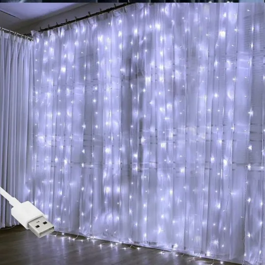 Гирлянда штора "Роса" от USB, 3x2м, 400 LED, 20 нитей, 8 режимов, IP44 Холодный белый Ціна