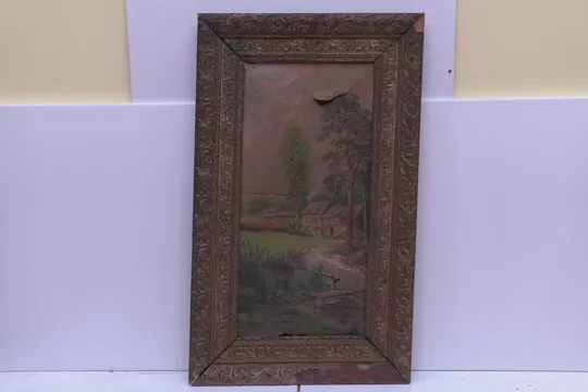 Картина сельский пейзаж винтаж в родной раме литография, В раме 47,5х79 см, без рамы 29,5х61 см №35 Ціна