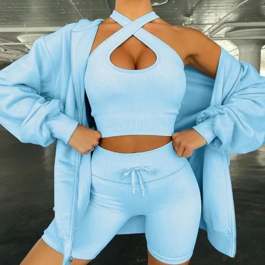 Комплект для фитнеса топ и велосипедки Рубчик 9632 M голубой Де купити