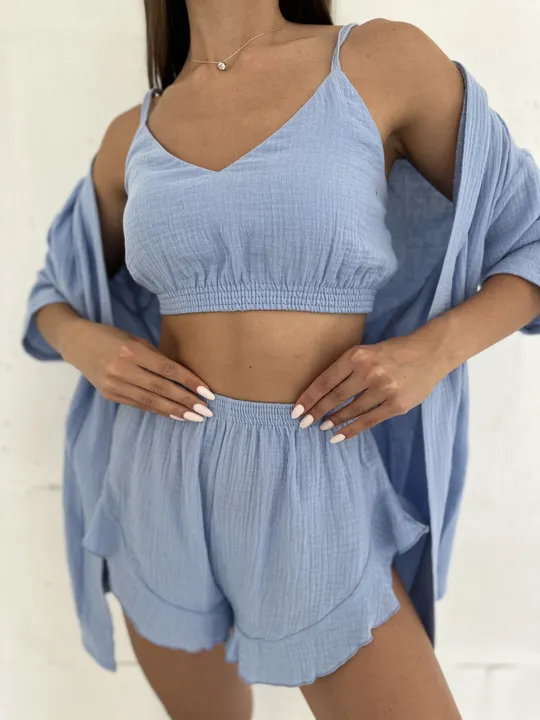 Комплект для дому і сну трійка з мусліну, халат кімоно, топ і шортики блакитний розмір S Де купити
