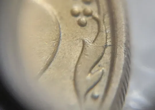 (7015) 10 копійок 2008 розкол від канту через вінок між 1 та 2 гронами на реверсі (10 копеек 2008 брак) Ціна