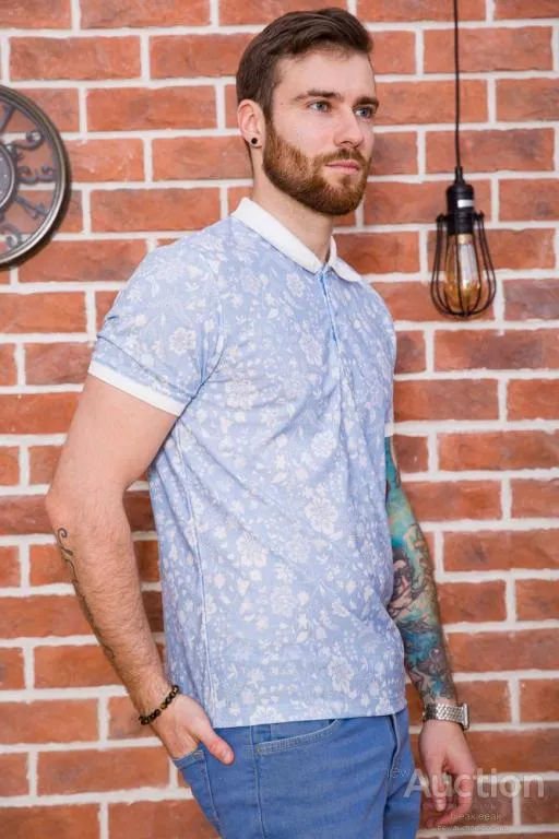 Мужское поло, в цветочный принт, голубого цвета, 194R2120 Продаж